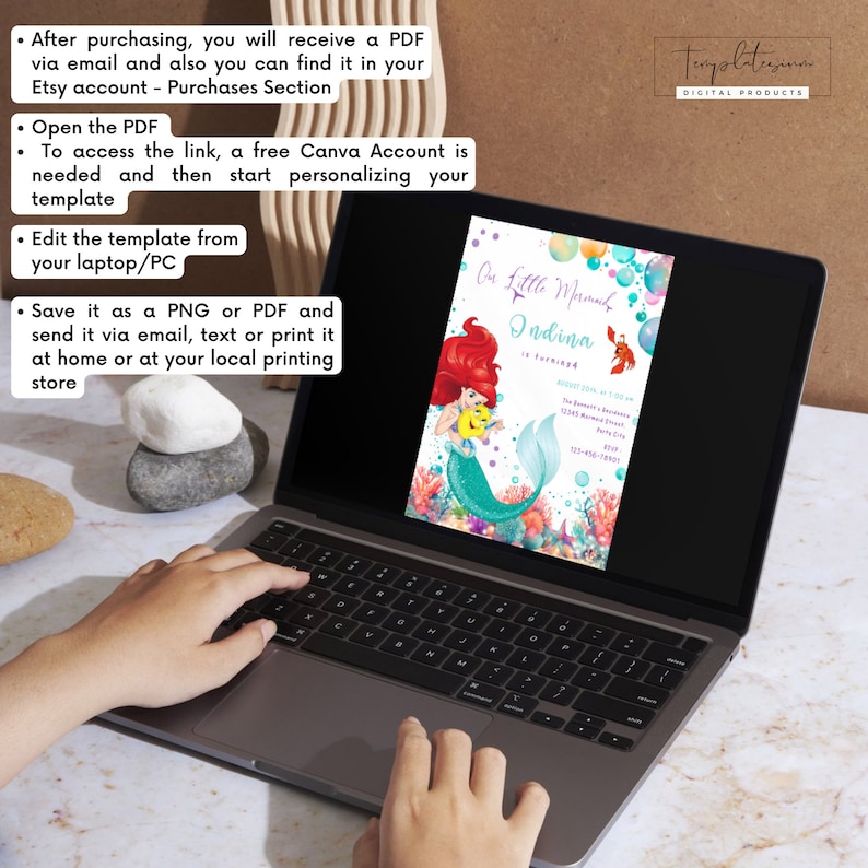 May include: A digital printable invitation for a little mermaid themed birthday party. The invitation features a watercolour illustration of Ariel from The Little Mermaid, with a purple and blue background. The text on the invitation reads "Our Little Mermaid Ondina is turning..." and includes the date, time, and location of the party.