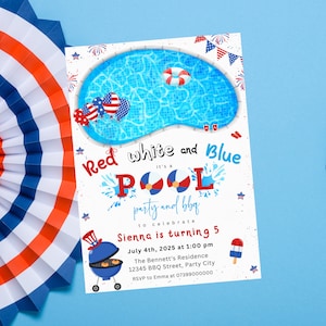 Editable 4th Of July Pool Party Birthday Invitation - 4th of July Summer Pool BBQ Party Invite - Independence Day Invite - Instant Download