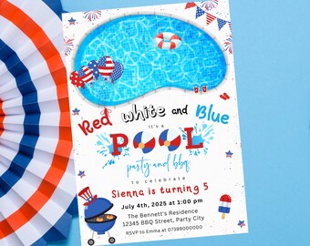 Editable 4th Of July Pool Party Birthday Invitation - 4th of July Summer Pool BBQ Party Invite - Independence Day Invite - Instant Download