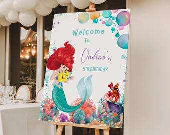 Little Mermaid Welcome Sign Any Age Birthday Girl Ariel Poster Custom Canva Digital Template