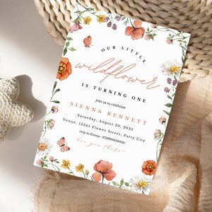 Editable Wildflower 1st Birthday Party Invitation Template, Wildflower Invitation, Meadow Flowers, Girl First Birthday Flowers Invitation