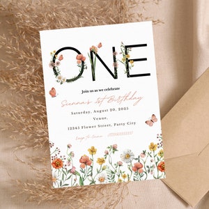 Editable Wildflower 1st Birthday Party Invitation Template, Wildflower Invitation, Meadow Flowers, Girl First Birthday Flowers Invitation