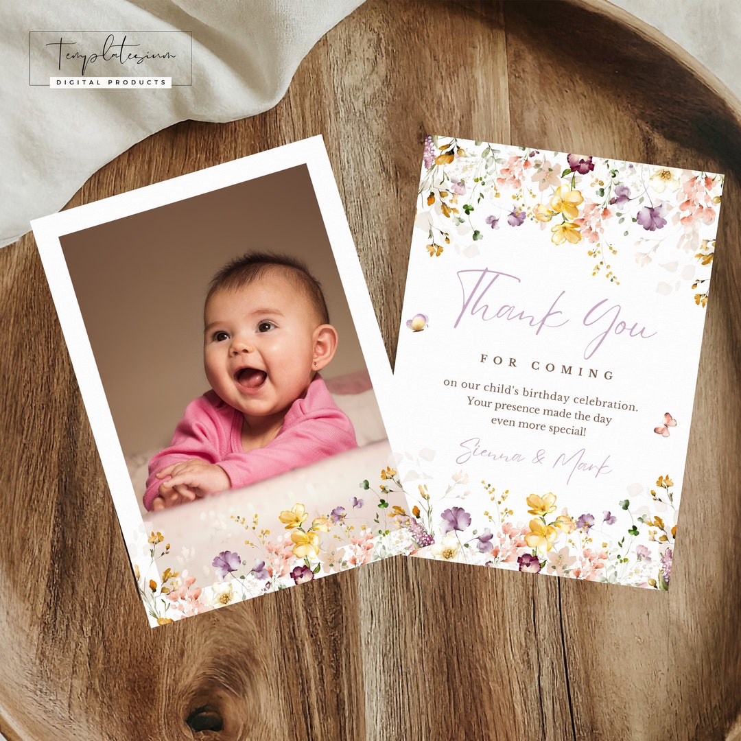 Wildflower Thank You Card Editable Birthday Thank You Photo Floral Card ...