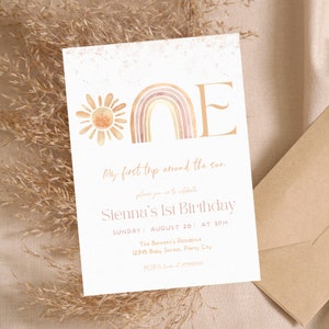 First Trip Around the Sun Birthday Invitation, Editable Sunshine 1st Birthday Invite, Boho Sun Girl 1st Birthday, Rainbow Printable Template