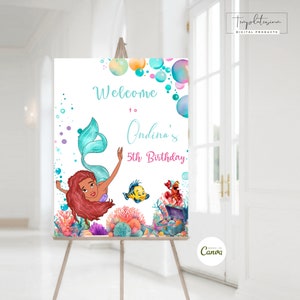 Editable Little Mermaid Welcome Sign, Ariel Birthday Decor Template, Princess Ariel Customable Sign, Birthday Printable Decor Sign Template