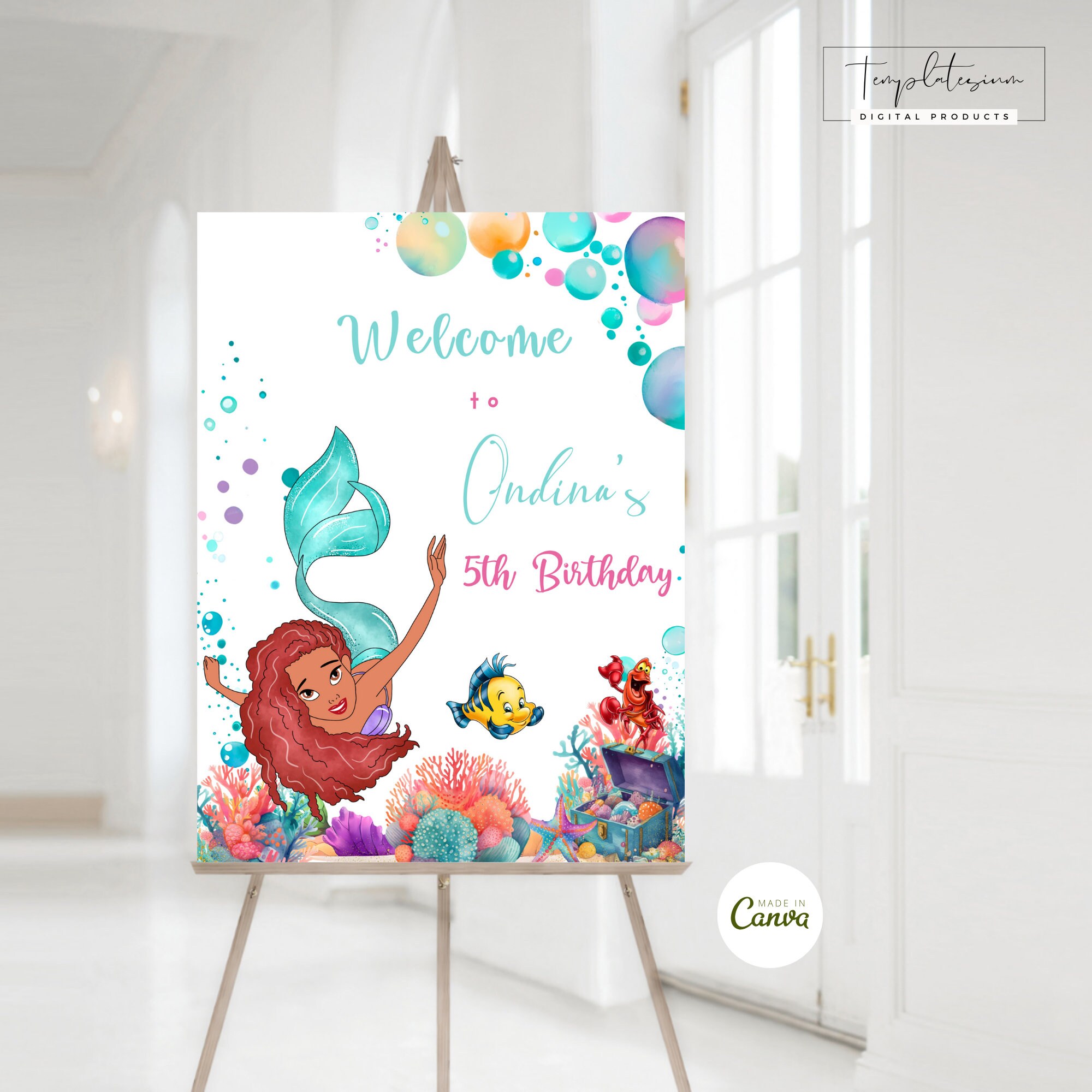 Bearbeitbares kleines Meerjungfrau-Willkommensschild, Ariel-Geburtstagsdekorvorlage, Prinzessin Ariel-Anpassbares Schild, Geburtstags-Druckbare Dekorschild-Vorlage