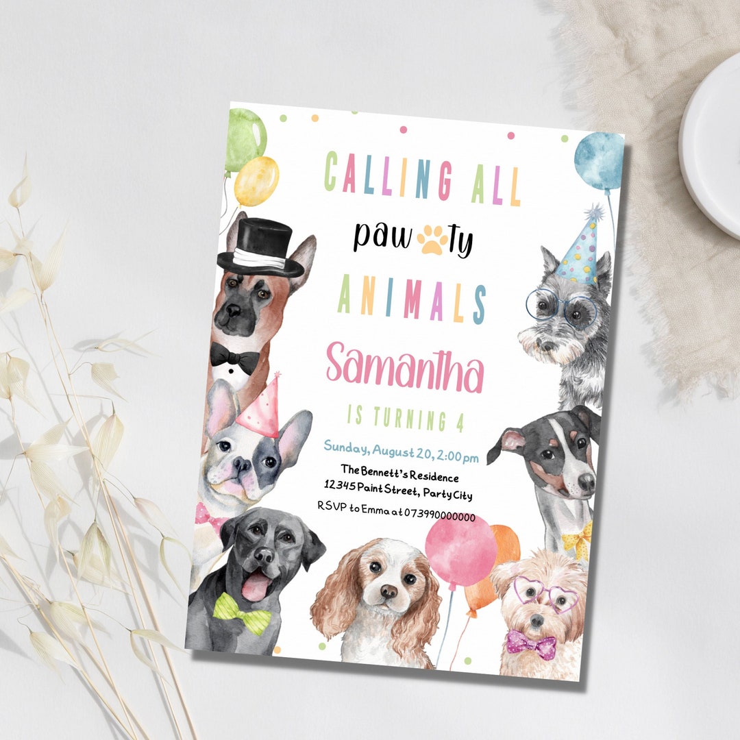 Dog Invitation Birthday Party Invites Pawty Birthday Girl Invite Animal ...