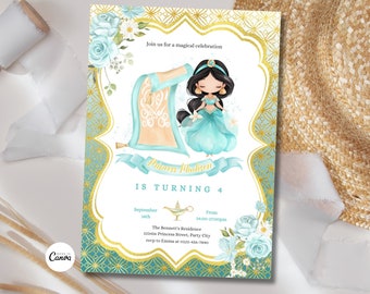 Bewerkbare jasmijn verjaardagsuitnodiging prinses Jasmine uitnodigen magische meisje verjaardagsuitnodiging prinses partij sjabloon digitale download