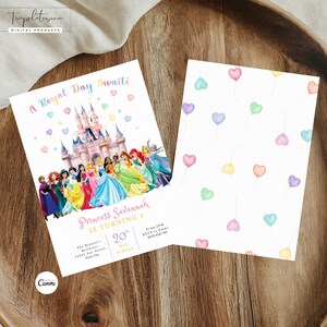 May include: A two-sided invitation with a princess theme. One side features a castle, princesses, and the text "A Royal Day Awaits." The other side has a pattern of pastel heart-shaped balloons. The invitation is for a fifth birthday.