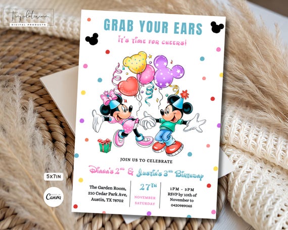 Editable Mickey Minnie Birthday Invitation Mickey Party Digital Invite Joint Kids Party Invite Template Mickey Mouse Birthday Any Age Invite