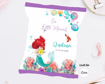 Editable Little Mermaid Birthday Party Chip Bags Wrapper Label Little Mermaid Ariel Snack Bag Printable Personalized Chip Bag Labels