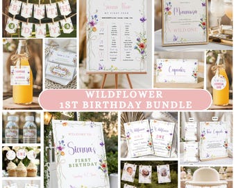Wildflower 1st Birthday Bundle, Floral Decorations, Boho Girl Garden Party, Custom Canva Decor