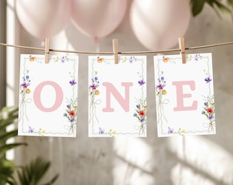Wildflower High Chair Banner, Floral Boho Birthday Decor, Custom Photo Smash Cake Topper, Editable