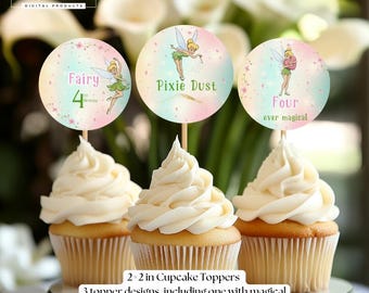 Decoraciones para cupcakes de Campanilla, pegatinas circulares para fiestas de cumpleaños de hadas, plantilla personalizada de Canva para descarga digital
