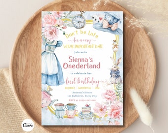 May include: Alice in Wonderland themed first birthday party invitation featuring a blue and white dress, a Mad Hatter hat, a white rabbit, and a teacup and teapot. The invitation reads "Don't be late for a very VERY IMPORTANT DATE. Join us in Sienna's Onederland to celebrate her first birthday. Sunday, August 20, 1 PM, Bennett's House, 123 Rabbit St., Party City. RSVP at 01234-567-890."