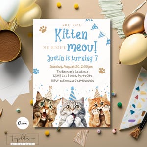 Invito modificabile per gatti, invito di compleanno per gatti carini, festa di compleanno per maschietti con gattino, facciamo un po' di festa, sei proprio un gattino, miagolio, modello digitale