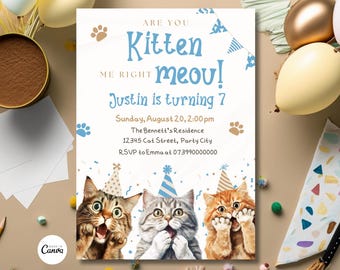 May include: A birthday invitation with a kitten theme. The invitation features three kittens wearing party hats and the text "Are you Kitten Meou! Justin is turning 7. Sunday, August 20, 2:00 pm. The Bennett's Residence 12345 Cat Street, Party City. RSVP to Emma at 073990000000".
