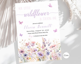 Editable Floral 1st Birthday Invite, Wildflower Birthday Party Invitation Template, Garden Party Birthday, Girls Birthday Flower Invitation