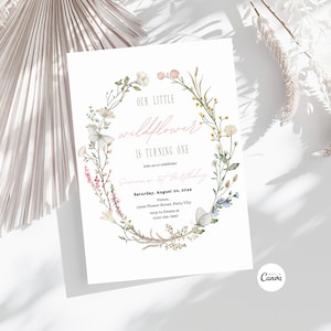 Editable Wildflower 1st Birthday Party Invitation Template, Wildflower Invitation, Meadow Flowers, Girl Pink First Birthday Flowers Invite