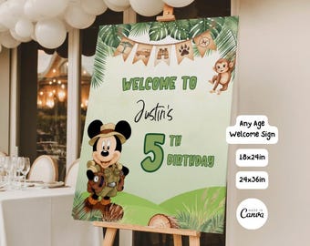 Mickey Safari Welcome Sign Any Age Birthday Poster Custom Canva Template Digitally Download Printable