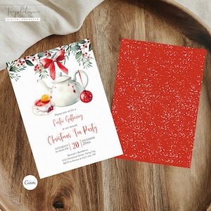 May include: A Christmas Tea Party invitation with watercolor illustrations. The design features a teapot, teacup, and festive decorations. The invitation includes event details: date, time, and location. The back of the invitation is red with white speckles.