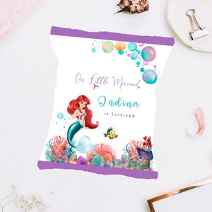 Etiquetas para envoltorios de bolsas de papas fritas editables para fiestas de cumpleaños de La Sirenita Etiquetas para bolsas de papas fritas personalizadas e imprimibles para bolsas de refrigerio de La Sirenita Ariel