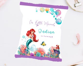 Editable Little Mermaid Birthday Party Chip Bags Wrapper Label Little Mermaid Ariel Snack Bag Printable Personalized Chip Bag Labels