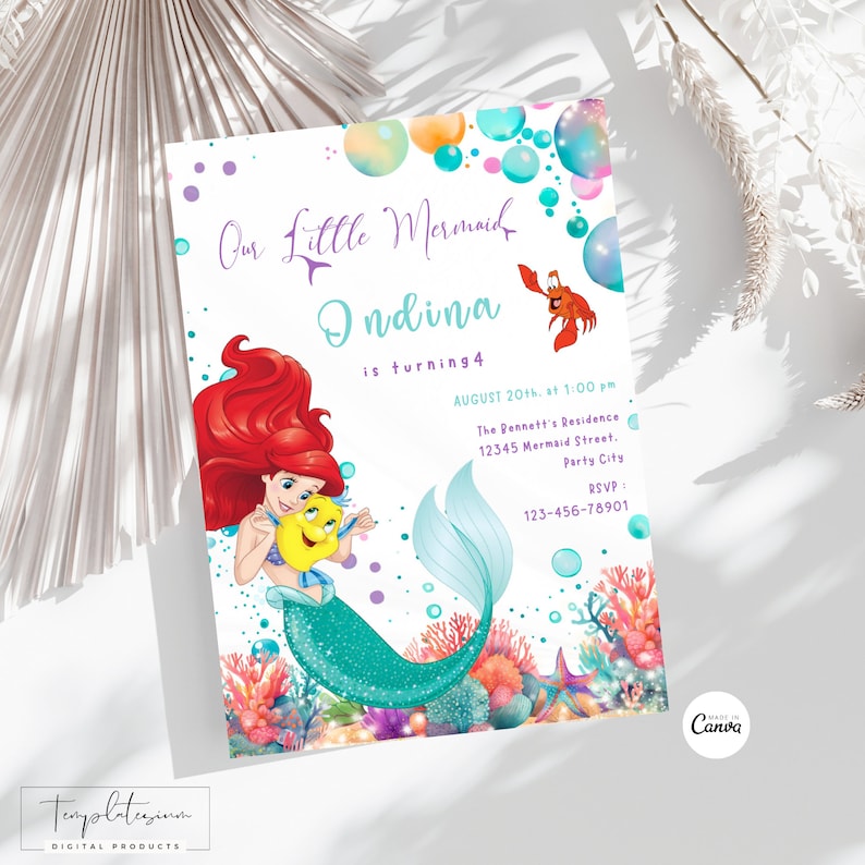 May include: A printable invitation for a little mermaid themed birthday party. The invitation features a cartoon image of Ariel from The Little Mermaid, holding a yellow Flounder. The invitation text reads "Our Little Mermaid Ondina is turning 4" and includes details for the party, including the date, time, location, and RSVP information.