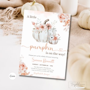 Fall Baby Shower Invitation A Little Pumpkin is On the Way Gender Neutral Baby Shower Editable Invite Template Cute Pumpkin Invitation