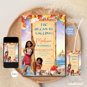 Convite de aniversário editável Moana, etiqueta de presente personalizada grátis, convite digital havaiano Moana, modelo digital, cartão infantil, download instantâneo