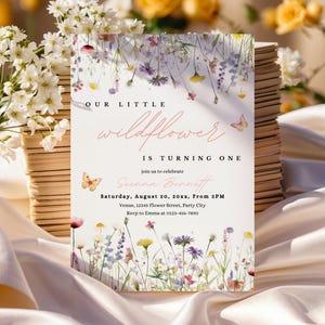 Wildflower Birthday Invitation: Girl 1st Birthday Invite Editable Canva Template Garden Floral Meadow