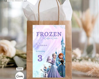 Etiqueta para bolsa de regalo de Frozen con Elsa, Anna y Olaf, decoración para fiesta de cumpleaños, plantilla imprimible personalizada de Canva.