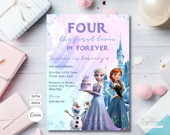 Frozen 4th Birthday Invitation For First Time In Forever Invite Canva Custom Digitally Download