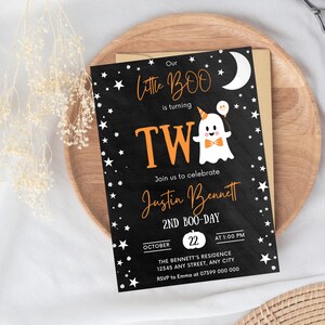 Editable Our Little Boo Orange Birthday Party Invitation - Cute Ghost ...