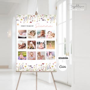 Plantilla editable de cartel fotográfico para primer cumpleaños con flores silvestres. Póster fotográfico para el primer cumpleaños. Póster del primer año del bebé. Decoración floral digital. Flores silvestres 02
