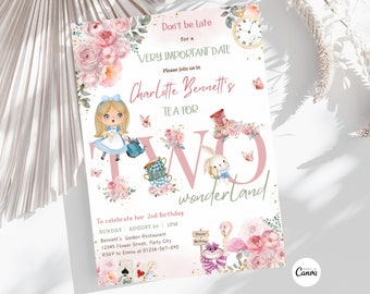 Alice in Wonderland Invitation Tea for TWO Wonderland Birthday Tea Party Invite Floral Girl Printable Editable Template Instant Download