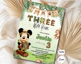 Mickey Safari 3rd Birthday Invitation Three Wild Years Party Invite Custom Canva Template Printable