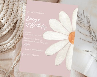 Editable Daisy First Birthday Invitation Retro Daisy 1st Birthday Invite Groovy Daisy Boho Girl Pink Birthday Digital Invite Daisy 01