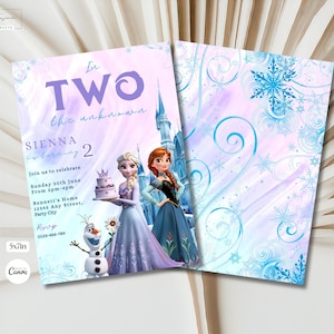 May include: A Frozen-themed birthday invitation with a purple and blue watercolor background. The invitation features the text "In Two the Unknown" and "Sienna is turning 2". The invitation also features images of Elsa and Anna from the movie Frozen, as well as Olaf.
