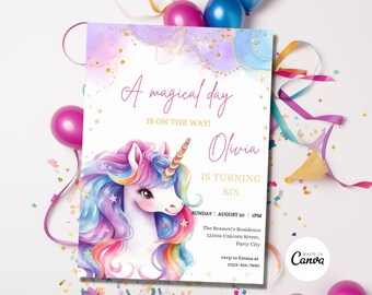 May include: A purple, pink, and blue watercolor background with gold glitter. A unicorn with a rainbow mane and tail is in the center of the invitation. The text "A magical day is on the way!" is at the top of the invitation. The text "Olivia is turning six" is below the unicorn. The text "Sunday August 20 | 1PM" is at the bottom of the invitation. The text "The Bennett's Residence 123456 Unicorn Street, Party City" is below the date and time. The text "rsvp to Emma at 0123-456-7890" is below the address. The text "Made in Canva" is in a circle at the bottom right corner of the invitation.