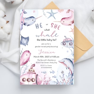 Invitación editable de revelación de género, invitación a fiesta de revelación de género de bebé azul y rosa, él o ella, invitaciones neutrales de género bajo la tarjeta de ballena marina