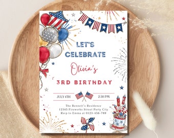 Invito di compleanno americano Modello di invito per una festa del 4 luglio Invito per ragazza di compleanno modificabile Invito per festa di compleanno patriottica Download immediato