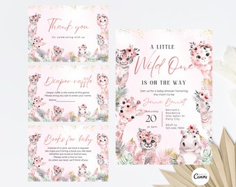 Bundle modifiable d'invitations baby shower Un petit sauvage, pack d'invitations baby shower jungle safari, invitation baby shower animaux de safari en or rose