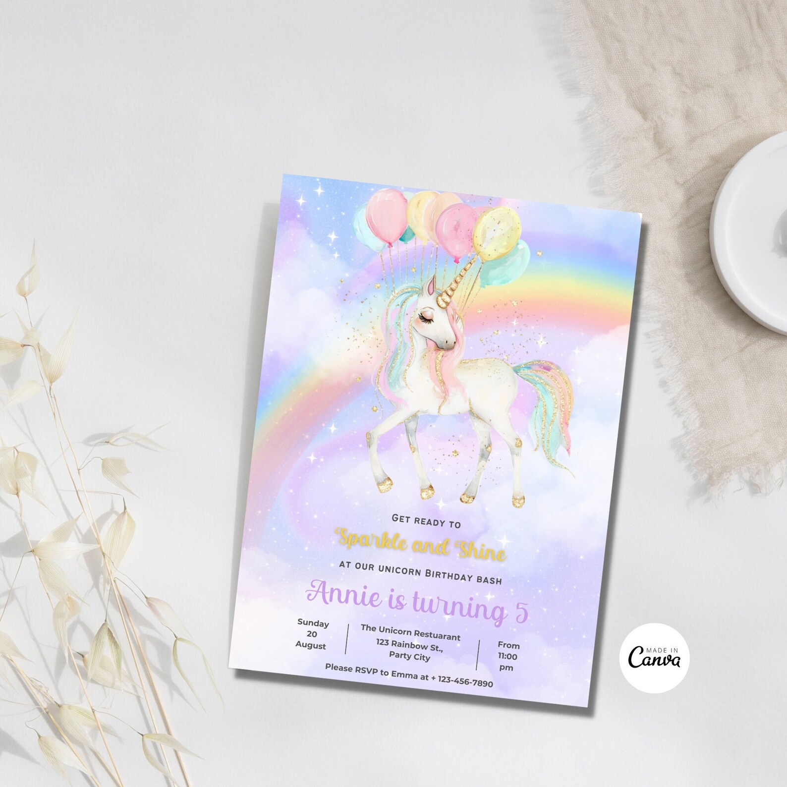 Editable Unicorn Birthday Invitation Magical Pastel Rainbow Unicorn ...