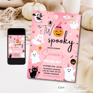 Editable Two Spooky Halloween Cute Ghost Invite 2nd Birthday Party Pink Girl Spooky Halloween 2nd Birthday Ghost Invite Digitally Download
