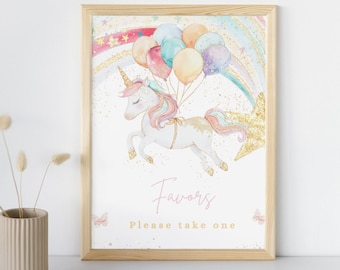 Editable Unicorn Favor Sign Magical Pastel Rainbow Unicorn Custom Sign Girl Pink Gold Magical Birthday Personalized Birthday Decoration Sign