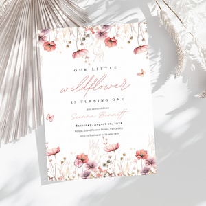Editable Floral 1st Birthday Invite, Wildflower Birthday Party Invitation Template, Garden Party Birthday, Girls Birthday Flower Invitation