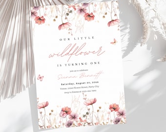Editable Floral 1st Birthday Invite, Wildflower Birthday Party Invitation Template, Garden Party Birthday, Girls Birthday Flower Invitation