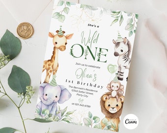 Invito di compleanno modificabile a tema safari, invito per bambina e ragazzo "Wild One", invito per il primo compleanno con animali della giungla, modello di biglietto safari
