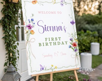 Wildflower 1st Birthday Welcome Sign, Floral Boho Garden Party Decor, Custom Canva Board Template